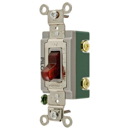 HUBBELL WIRING DEVICE-KELLEMS Extra Heavy Duty Industrial Grade, Pilot Light Toggle Switches, General Purpose AC, Single Pole, 30A 120/277V AC, Back and Side Wired Toggle HBL3031PL